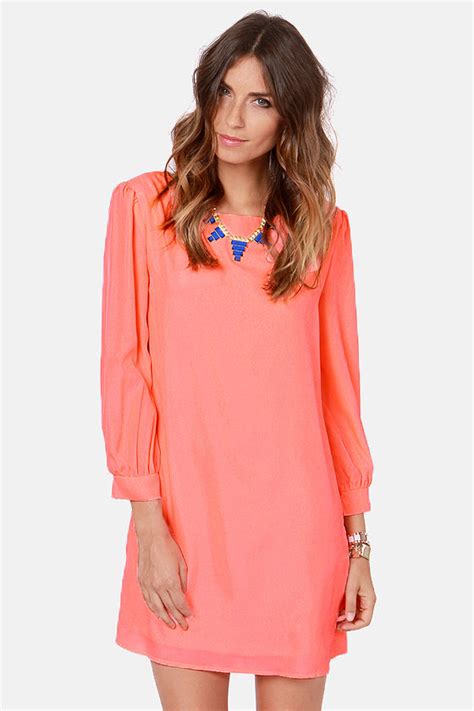 Pretty Neon Coral Dress Shift Dress Dress With Sleeves 39 00 Lulus