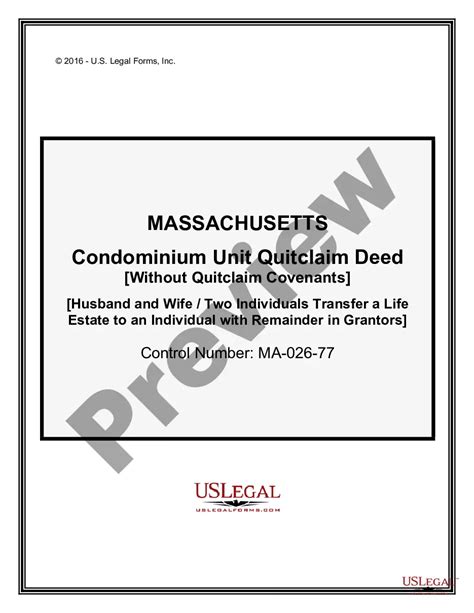 Massachusetts Condominium Unit Quitclaim Deed Life Estate From