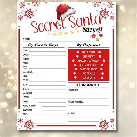 Secret Santa Survey Secret Santa Questionnaire Printable Holiday Gift