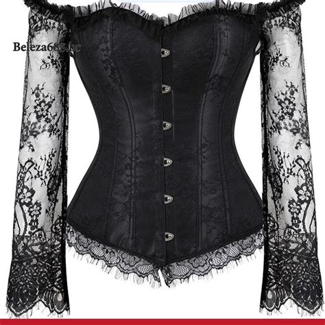 Sexy Mulheres Fora Do Ombro Manga Longa Espartilho De Renda Corpete Top Bustier Lingerie