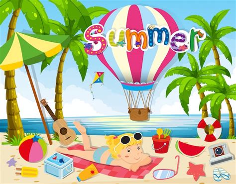 De Zomerthema Met Vrouw In Bikini Op Strand Gratis Vector