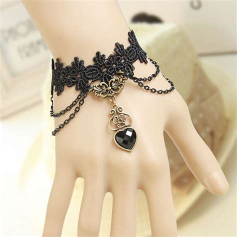 Vintage Gothic Black Lace Wristband Crystal Heart Embellishment