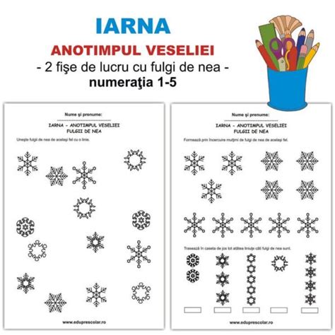 Iarna - 2 fise de lucru cu fulgi de nea - numeratia 1-5 | Eduprescolar.ro