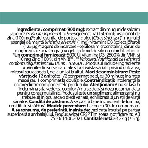 Vitamina D3 5000UI Zinc Si Quercetina 30 Comprimate Dac Farmacia