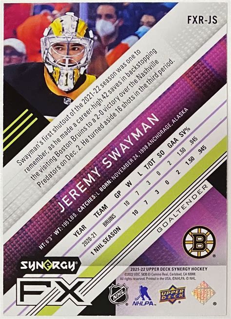 Jeremy Swayman 2021 22 Upper Deck Synergy Hockey Boston Bruins Numbered