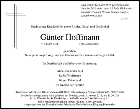 Traueranzeigen von Günter Hoffmann WirTrauern