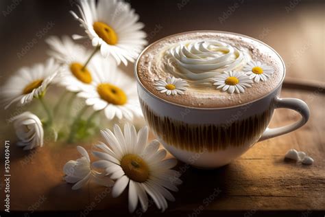 Artistic Beautiful Romance Hot Chocolate With Whipped Cream Beverage Serve In Glass With Daisy