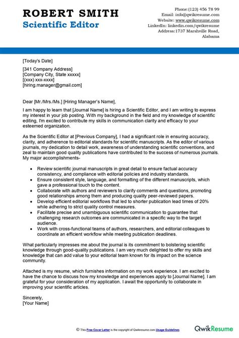 Scientific Editor Cover Letter Examples Qwikresume