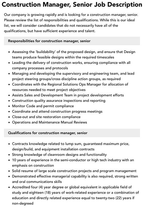 Construction Manager Senior Job Description Velvet Jobs