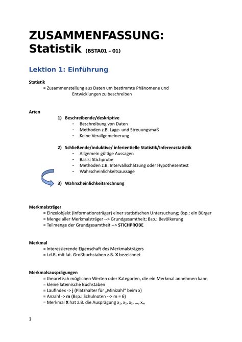 Lektion 1 ZUSAMMENFASSUNG Statistik BSTA01 01 Lektion 1