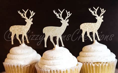 Gold Glitter Deer Cupcake Toppers Set Of