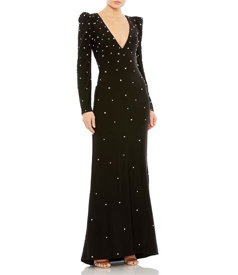 Mac Duggal Rhinestone Long Puffed Sleeve Deep V Neck Sheath Gown