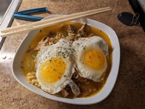 Instant pot ramen with pork, mushrooms, and a pair of fried eggs. : r/ShittyRamen