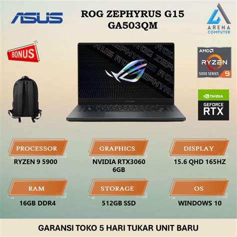 Jual Asus ROG Zephyrus G15 GA503QM Ryzen 5 5900 RTX3060 16GB 512GB QHD