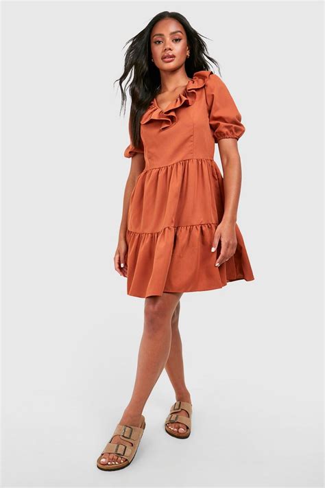 Poplin Ruffle Smock Dress Boohoo Uk