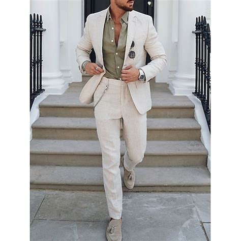 Sky Blue Mens Summer Linen Suits Beach Wedding 2 Piece Solid Colored