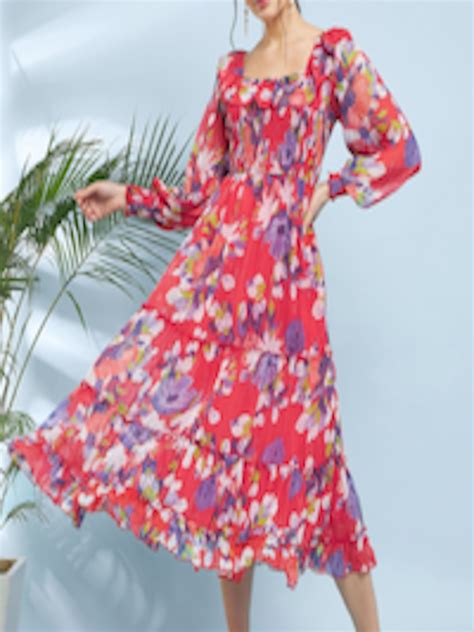 Buy Antheaa Floral Printed Puff Sleeve Chiffon A Line Midi Dress