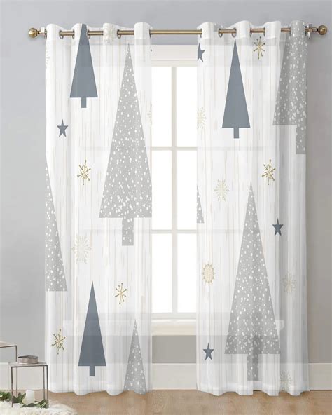 Christmas Tree Snowflake Wood Grain Curtain Tulle Curtains For Living