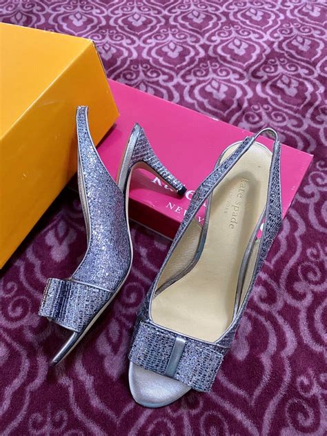 Kate Spade Silver Starlight Fabric W Bow Slingback Peep Toe Heels Women