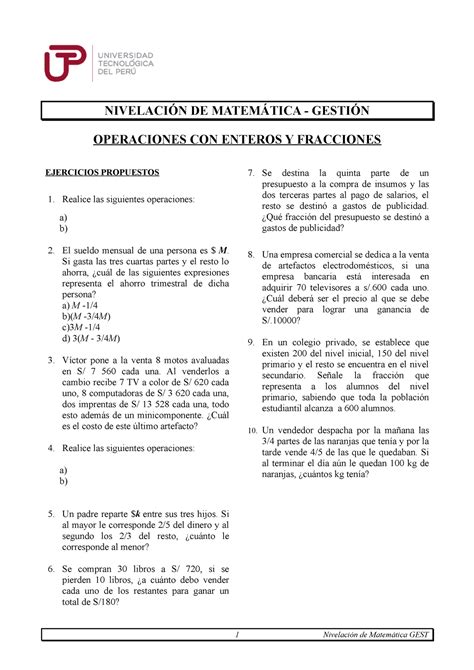 S01 S1 Resolver Ejercicios NivelaciÓn De MatemÁtica GestiÓn