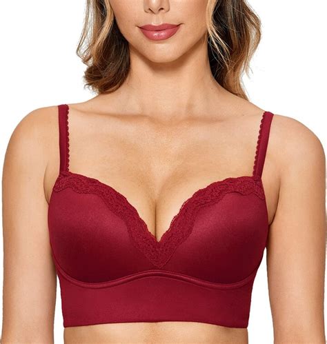 Dobreva Womens Push Up Bra Padded Wireless Floral Lace Bralette Longline Support Bras Cerise