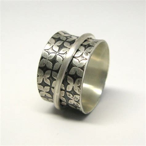 Modern Floral Brushed Finish Sterling Silver Spinner Ring Etsy