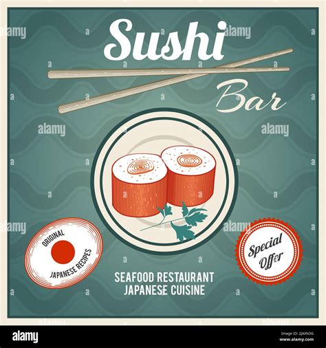 Seafood Sushi Bar Japanese Cuisine Restaurant Retro Poster With Fish