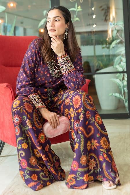 Buy Purple Dupion Silk And Embroidery Floral Shirt With Flared Pants