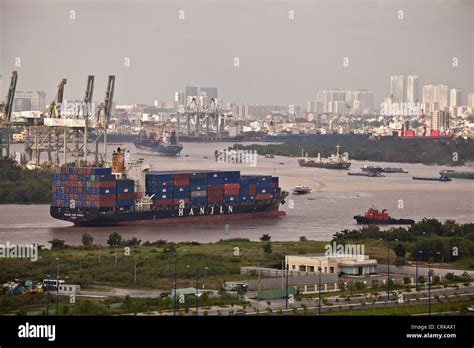 Container Vessel Approaching The Port Of Saigon View Above The Harbor