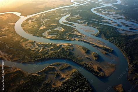 River delta - aerial view of river with many branched river branches ...