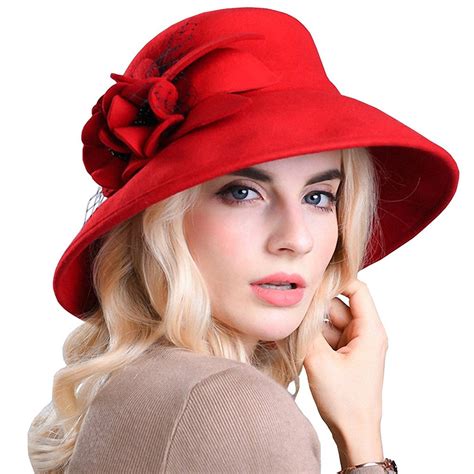 Womens Wide Brim Wool Felt Bowler Hat Red Cv12mci8nm1 Hats For