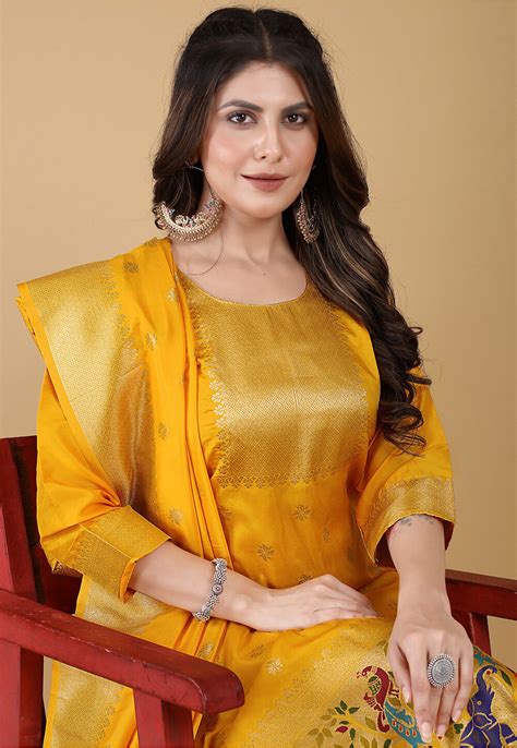 Woven Art Silk Jacquard Pakistani Suit In Mustard KKV189