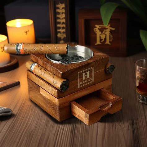 Custom Whiskey And Cigar Tray Glass Holder 2 In 1 Wooden Cigar Ashtray With Whiskey Glass Holder