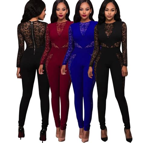 Women Sexy Black Lace Jumpsuits Long Sleeve Jumpsuit Playsuits Party