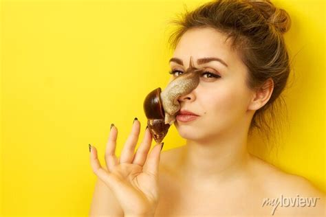 Naked Girl With A Snail On Her Face On A Yellow Background Adesivos