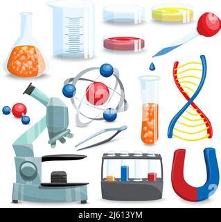 Science Icons Cartoon Set With Scientist Character And Tools For