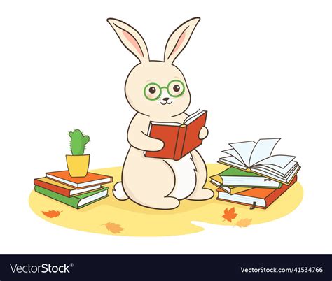 Rabbit Studying Reading Book Postcard Bunny Learn Vector Image