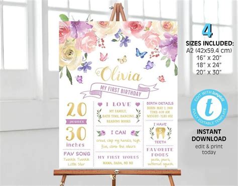 Editable Butterfly Milestone Board Floral Birthday Board Etsy Garden