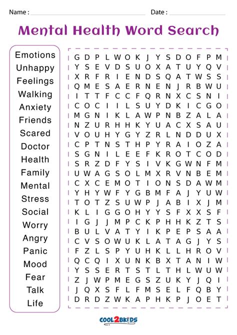 Printable Mental Health Word Search Cool2bkids