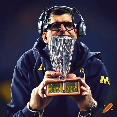 Jim Harbaugh Receiving Championship Trophy On Football Field On Craiyon