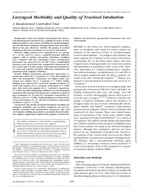 (PDF) Laryngeal Morbidity and Quality of Tracheal Intubation | Stefan Kleinschmidt - Academia.edu