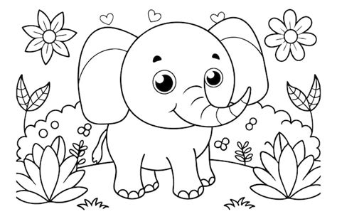 Un Dibujo De Una Página Para Colorear De Un Elefante Lindo Con Algunas Flores Vector Premium