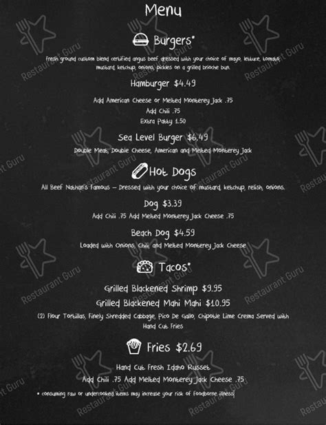 Menu at Sea Level restaurant, Pass Christian