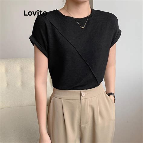 Lovito Casual Plain Structure Line T Shirt For Women LNE43199 Shopee