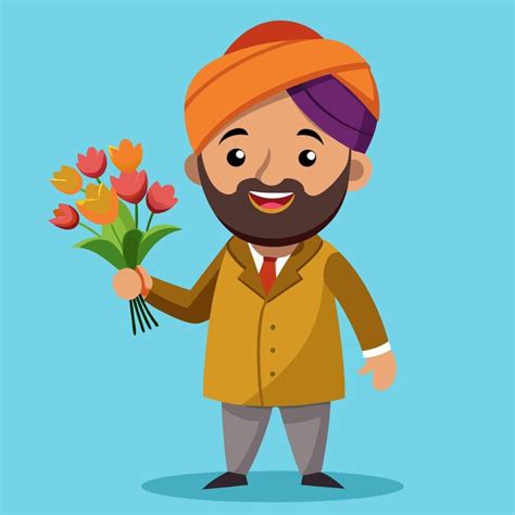 Vector Cartoon Illustration Of Punjabi Man Holding Flower Bouquet