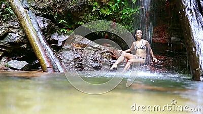 Girl With Bikini Lying Down In Waterfall River Stock Video Video Of