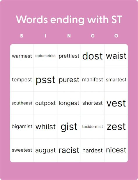 Words Ending With ST Bingo Card Creator