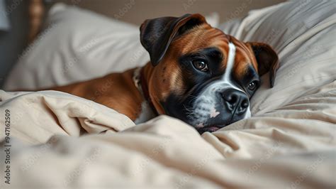 Boxer dog sleeping with human owner in bed. Generative AI Stock Photo | Adobe Stock