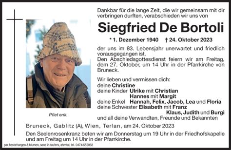 Traueranzeigen Von Siegfried De Bortoli Trauer Bz