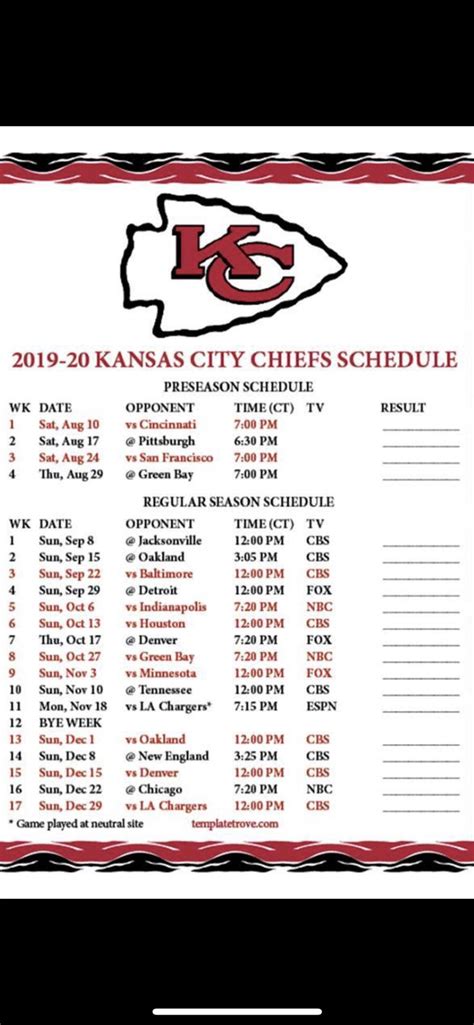 Chiefs Schedule Printable - Printable Templates